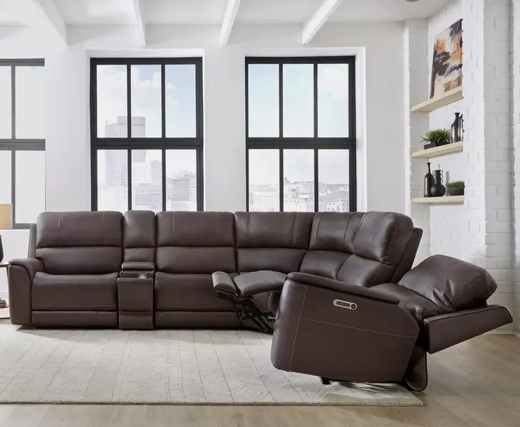 Easton Steamboat Brown Leather 6 Piece Zero Gravity Power Reclining Sectional with USB Charging