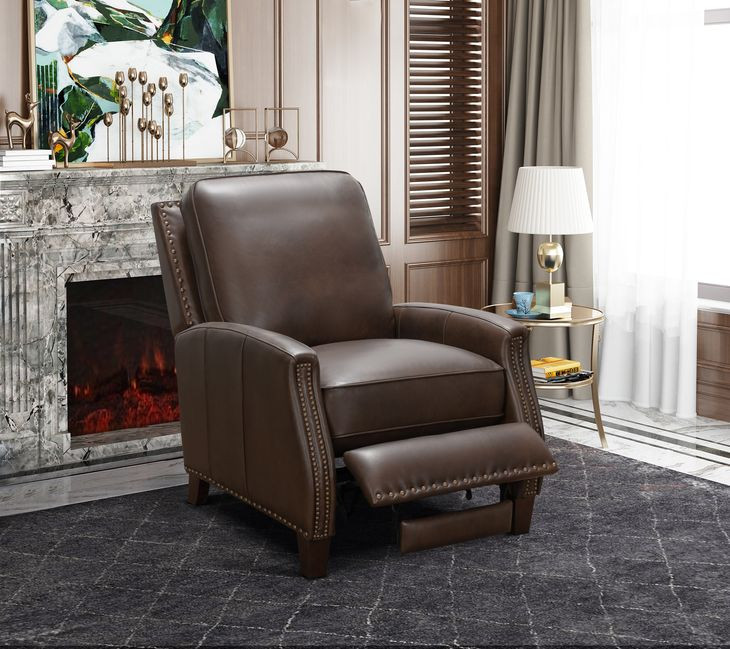 Melrose Ashford Walnut Leather Push Thru The Arms Recliner with Nailhead Trim