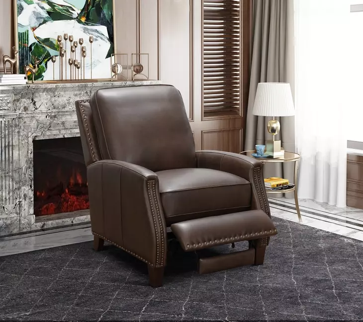 Melrose Ashford Walnut Leather Push Thru The Arms Recliner with Nailhead Trim