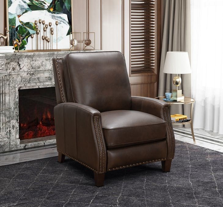 Melrose Ashford Walnut Leather Push Thru The Arms Recliner with Nailhead Trim