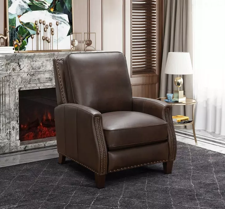 Melrose Ashford Walnut Leather Push Thru The Arms Recliner with Nailhead Trim