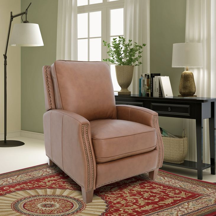 Melrose Dobbs Saddle Leather Push Thru The Arms Recliner with Nailhead Trim