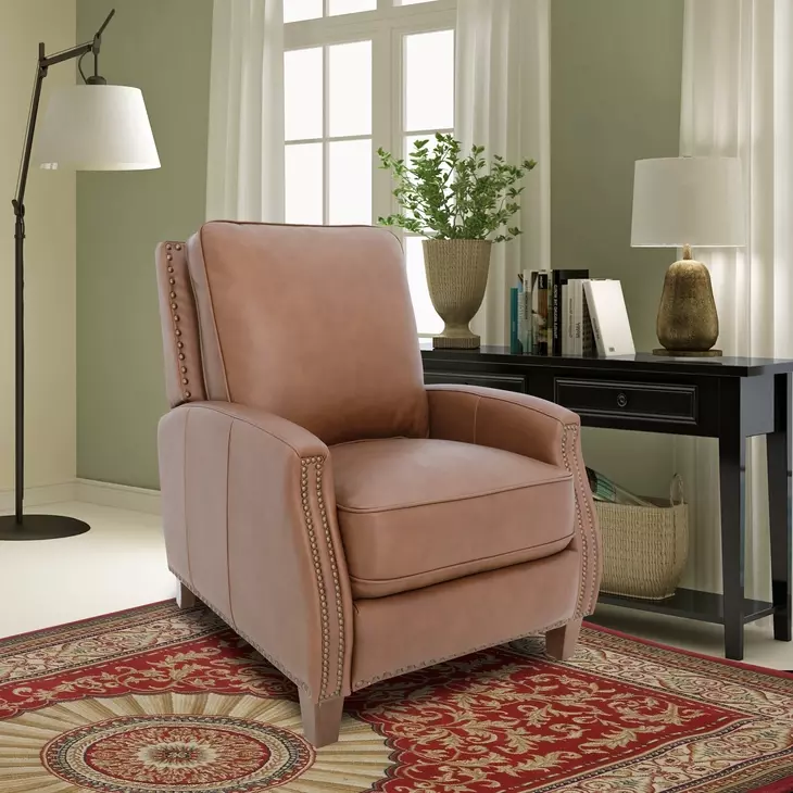 Melrose Dobbs Saddle Leather Push Thru The Arms Recliner with Nailhead Trim