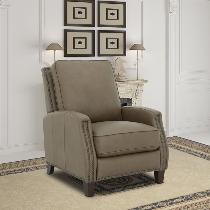 Melrose Cashmere Taupe Leather Push Thru The Arms Recliner with Nailhead Trim