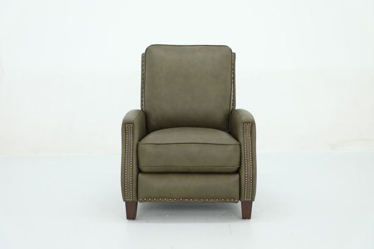 Melrose Oasis Olive Leather Push Thru The Arms Recliner with Nailhead Trim