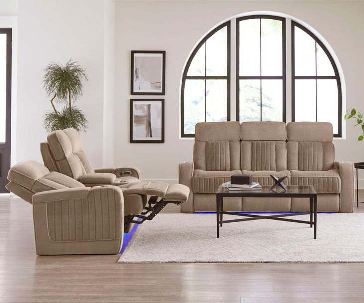 Equinox Mushroom Power Reclining Sofa With Drop Down Table