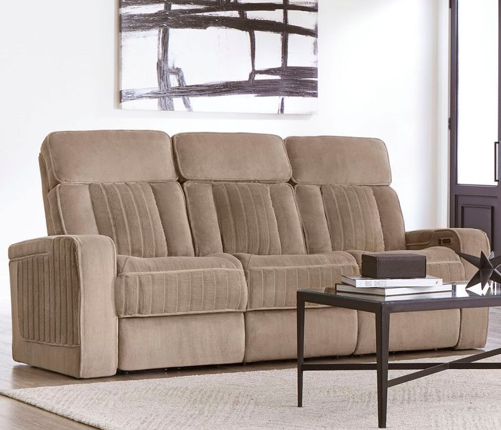 Equinox Mushroom Power Reclining Sofa With Drop Down Table