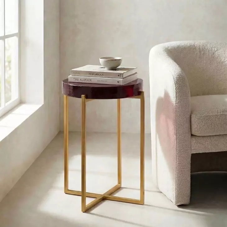 Marilee Vibrant Red and Sleek Brushed Gold Round Glass Top Accent Table
