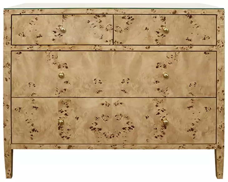 Michelle Matte Burl Wood 4 Drawer Soft Close Accent Chest With Glass Top