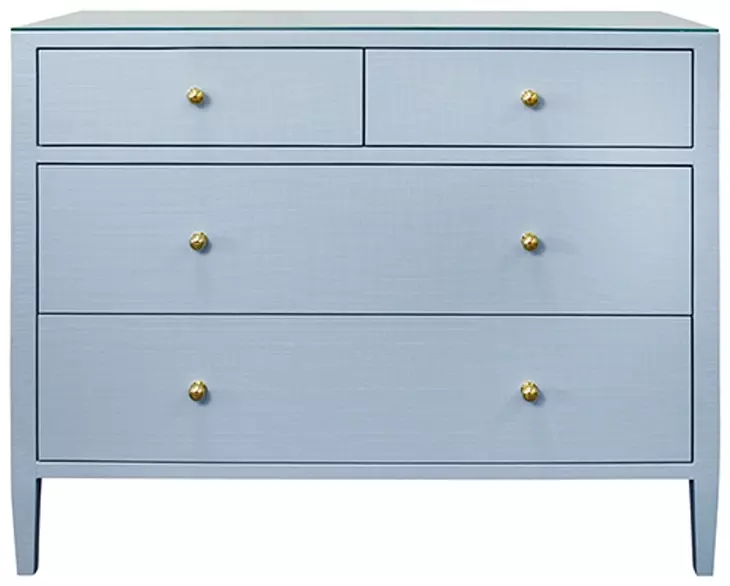 Michelle Textured Light Blue Linen 4 Drawer Soft Close Accent Chest With Glass Top