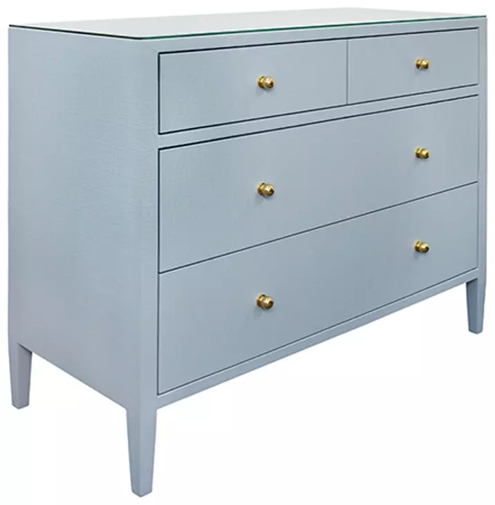 Michelle Textured Light Blue Linen 4 Drawer Soft Close Accent Chest With Glass Top