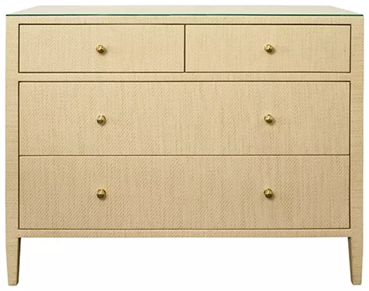 Michelle Natural Grasscloth 4 Drawer Soft Close Accent Chest With Glass Top