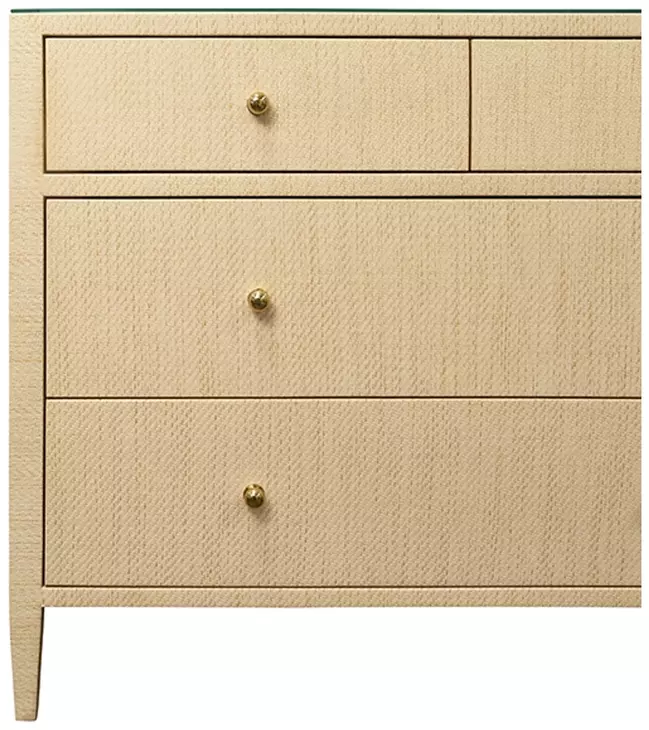 Michelle Natural Grasscloth 4 Drawer Soft Close Accent Chest With Glass Top