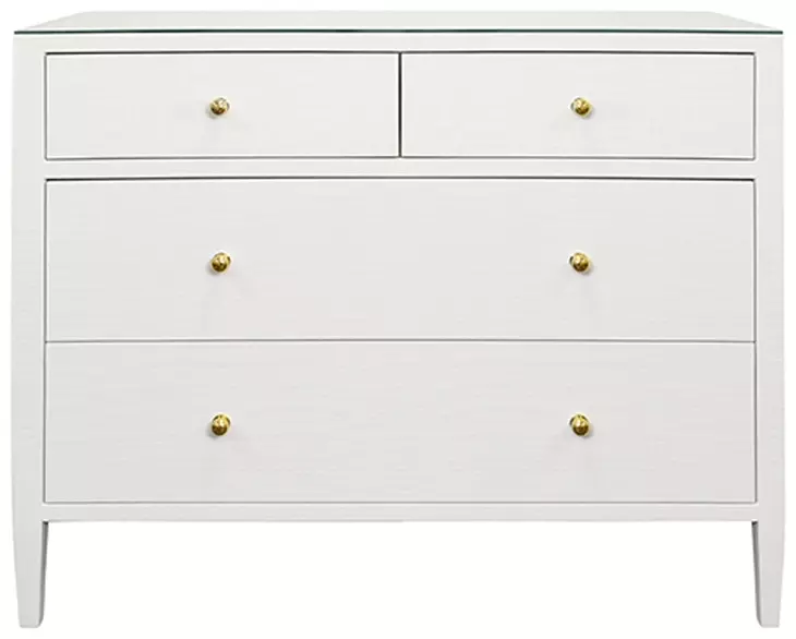 Michelle Textured White Linen 4 Drawer Soft Close Accent Chest With Glass Top