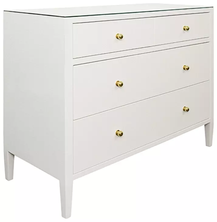Michelle Textured White Linen 4 Drawer Soft Close Accent Chest With Glass Top
