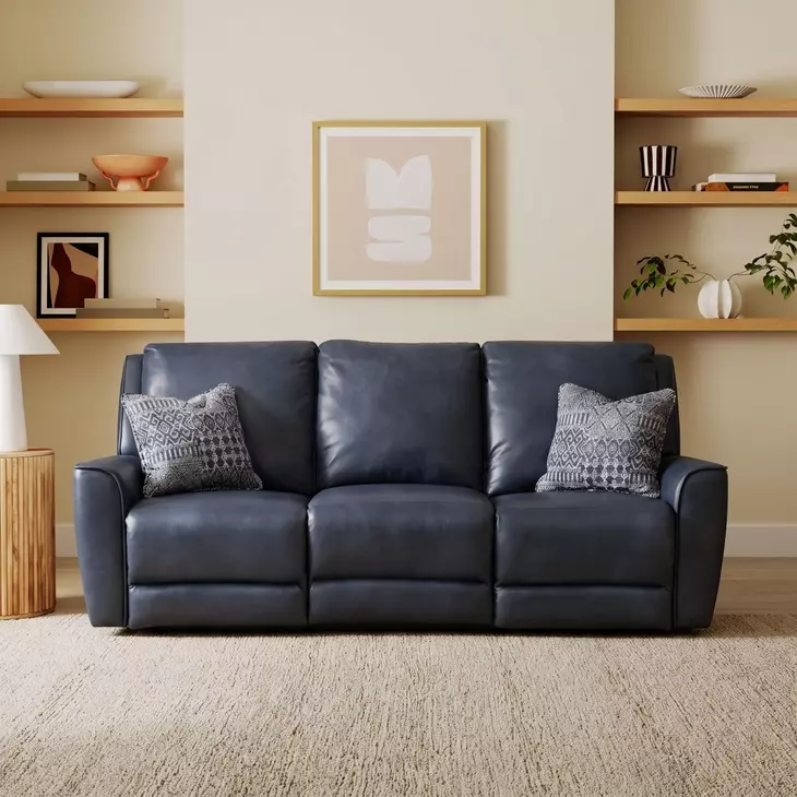 Marquis Blue Leather 91" Power Reclining Sofa with Power Headrest and USB Charging