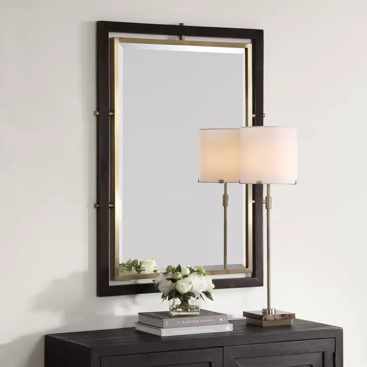 Riverton Antique Brass and Brown Rectangular Wall Mirror