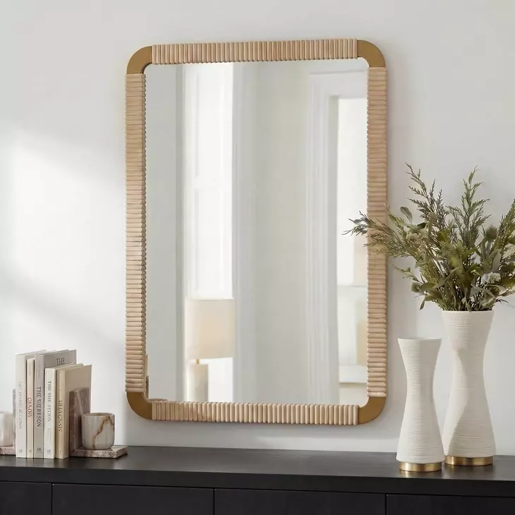 Heinrich Antique Brass and Light Natural Rectangular Wall Mirror