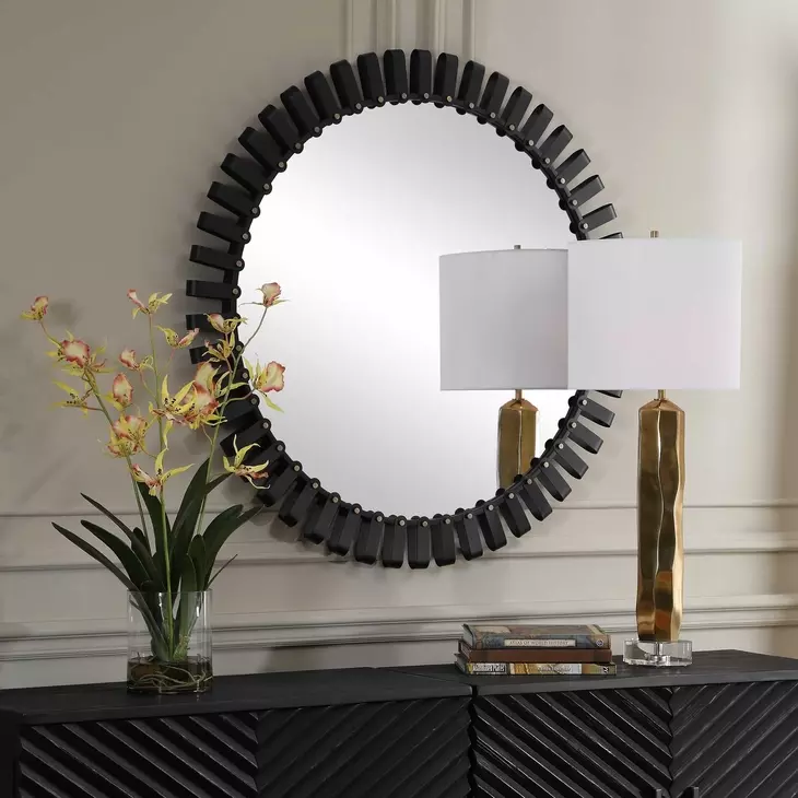 Hamilton Satin Black and Gold Round Wall Mirror