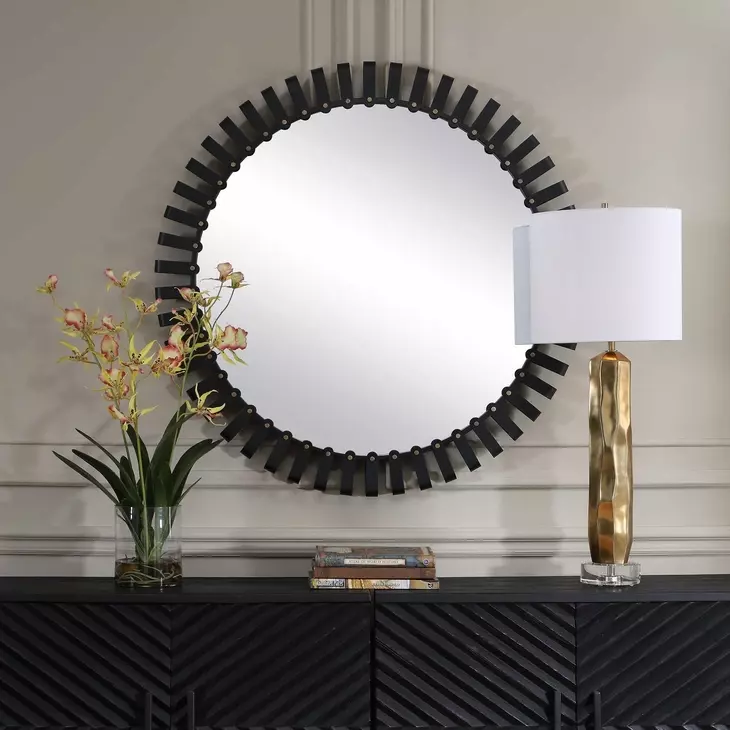 Hamilton Satin Black and Gold Round Wall Mirror