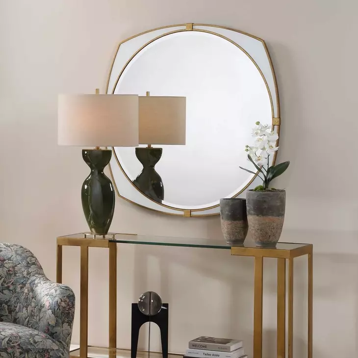 Monterey Warm Antique Gold and White Round Wall Mirror