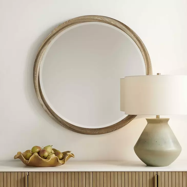 Kingsley Cerused Light Wood Round Wall Mirror