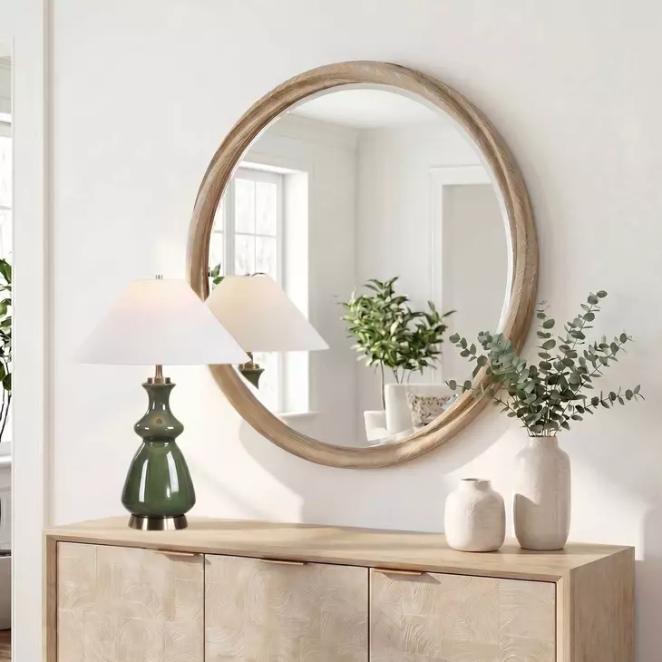 Kingsley Cerused Light Wood Round Wall Mirror