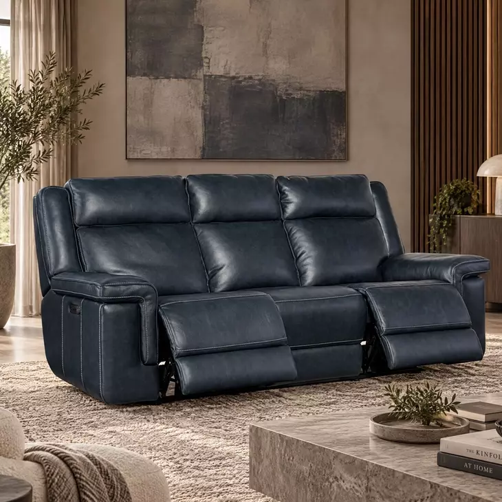Arthur Cosmos Cobalt Leather Lay Flat 88" Power Reclining Sofa With Power Headrest And Lumbar