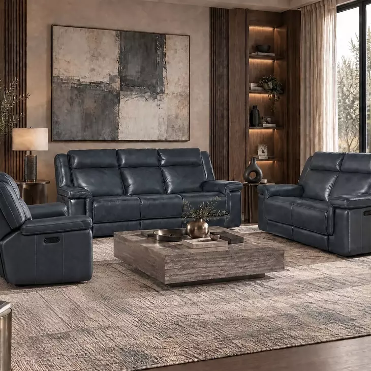 Arthur Cosmos Cobalt Leather Lay Flat Power Reclining Living Room Set With Power Headrest And Lumbar