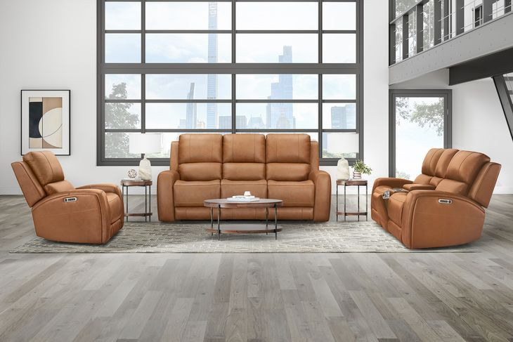 Belmont Lyric Caramel Leather Zero Gravity Power Reclining Living Room Set with USB Charging
