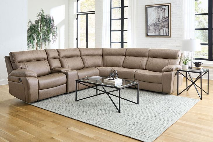Theon Stokes Toffee 6 Piece Performance Fabric Modular Manual Reclining Sectional