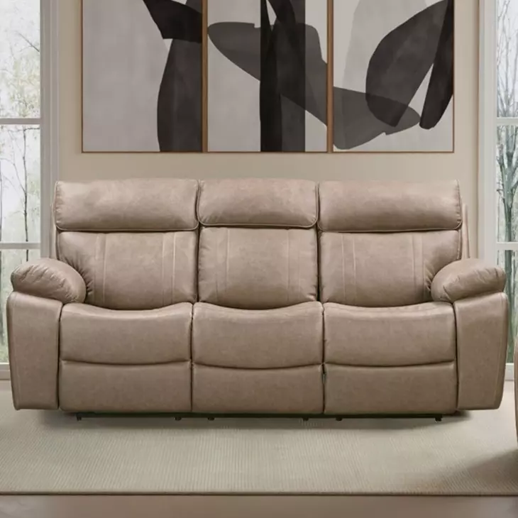 Theon Stokes Toffee Performance Fabric 88" Reclining Sofa With Drop Down Table