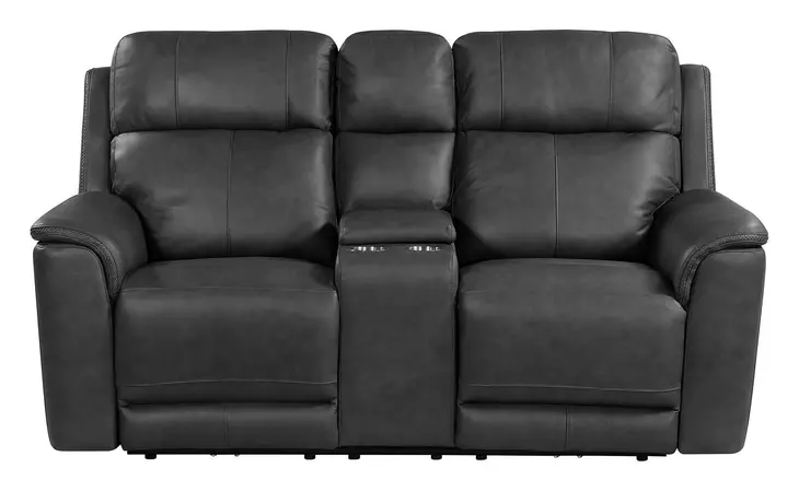 Walker Aline Anthracite Leather 76" Triple Power Reclining Loveseat with Console and USB Charging