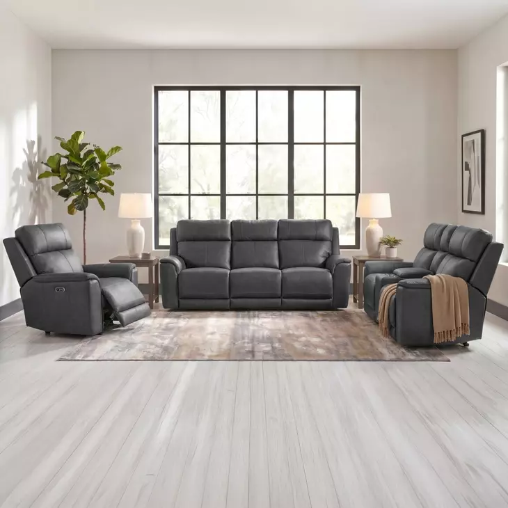 Walker Aline Anthracite Leather Triple Power Reclining Living Room Set with Dropdown Console and USB Charging