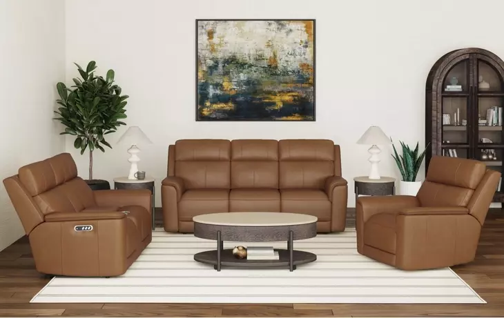 Walker Butternut Leather 86" Power Reclining Living Room Set with USB Charging