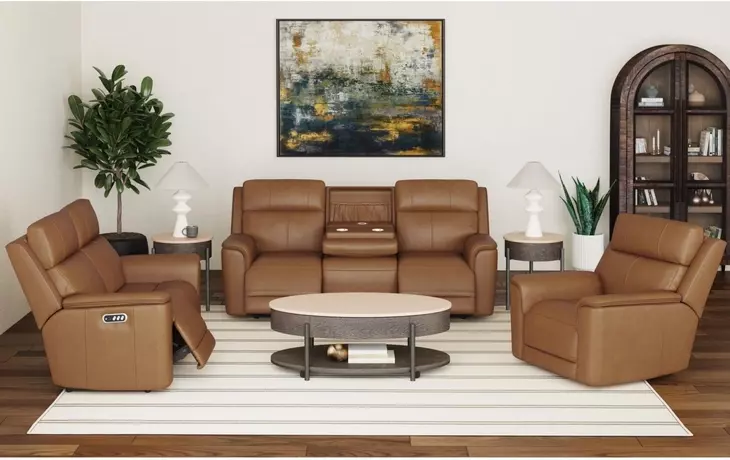 Walker Butternut Leather 86" Power Reclining Living Room Set with USB Charging