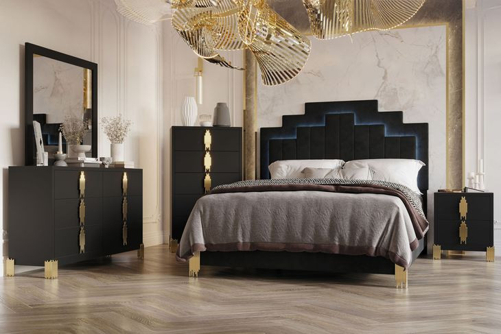 Empire Black Upholstered Panel Bedroom Set with LED
