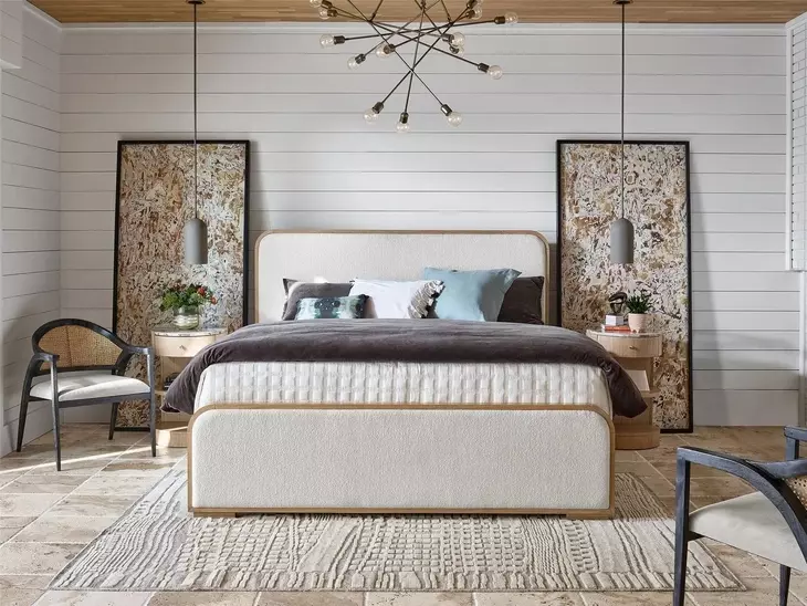 Voyage Ivory and White Oak Queen Upholstered Panel Bed