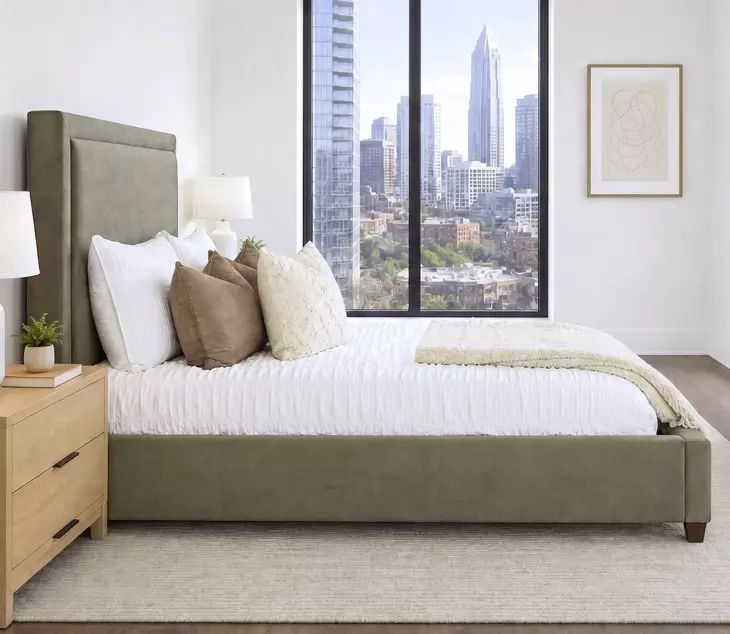 Kimberly Mystical Moss and Dark Brown King Upholstered Panel Bed