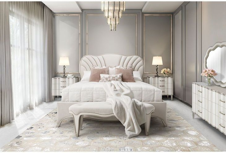 London Crest Creamy Pearl Velvet Panel Bedroom Set
