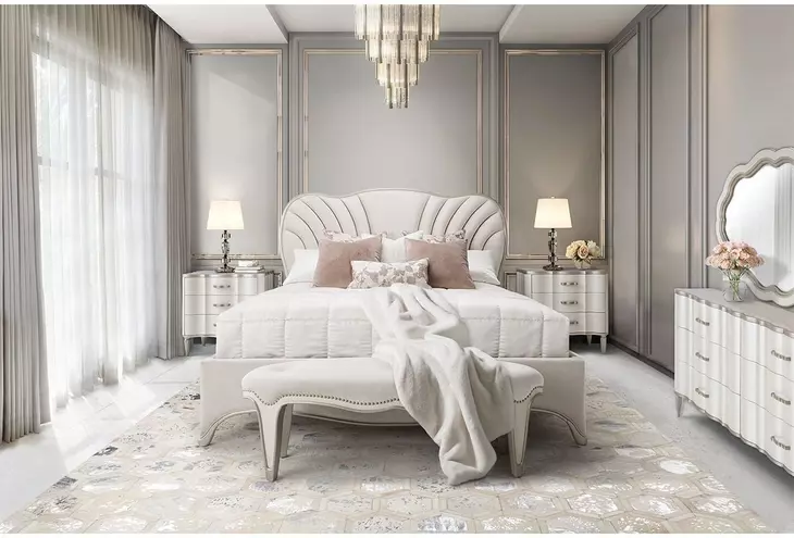 London Place Creamy Pearl Velvet Panel Bedroom Set