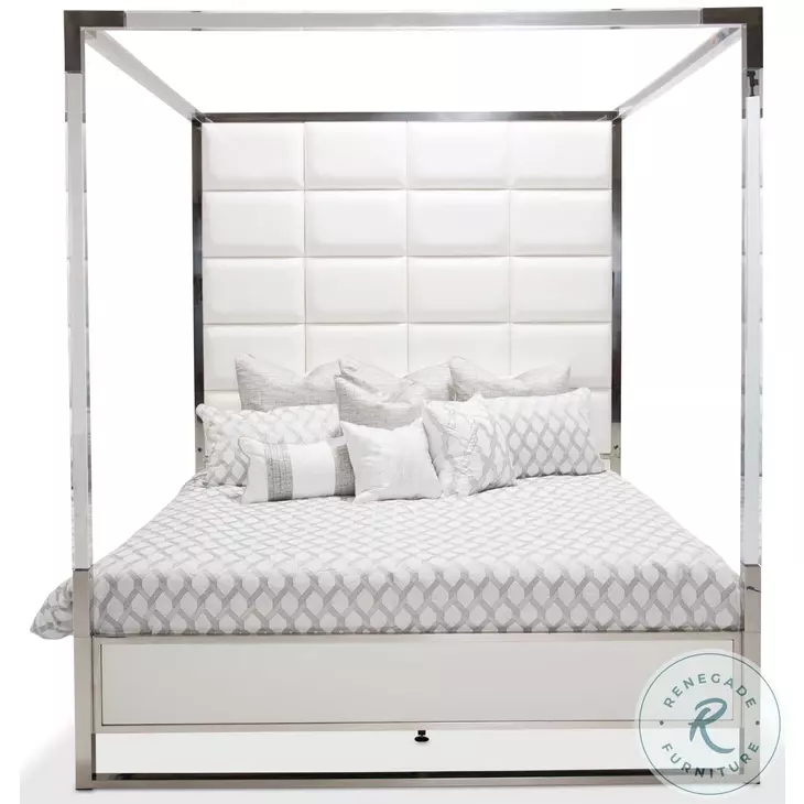 State St Satin And Glossy White Box Tufted California King Upholstered Metal Canopy Bed
