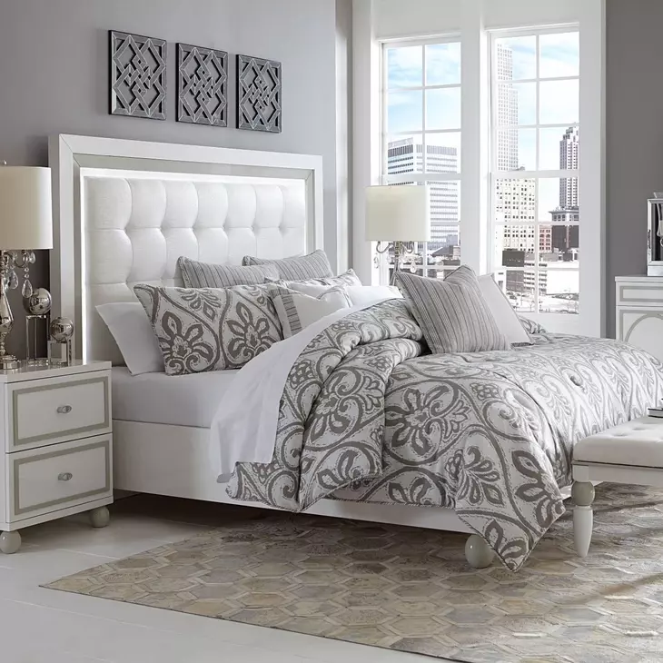 Skyline Cloud White California King Upholstered Bed with USB Charging and LED Light