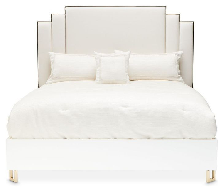 Palm Gate Cloud White and Cream California King Upholstered Panel Bed with USB Charging