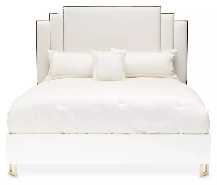 Palm Gate Cloud White and Cream California King Upholstered Panel Bed with USB Charging