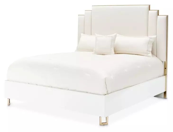 Palm Gate Cloud White and Cream California King Upholstered Panel Bed with USB Charging
