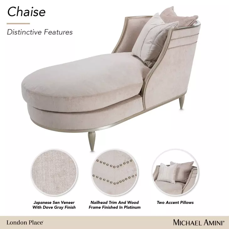 London Place Parchment 69" Chaise with Nailhead Trim and Pillows