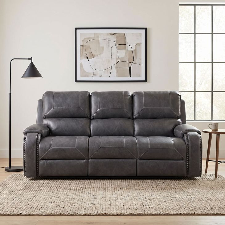 Newnan Gray Double Reclining Sofa with Center Drop Down Cup Holders