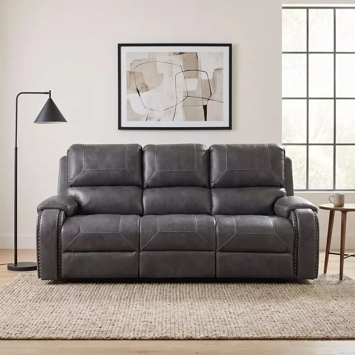 Newnan Gray Double 87" Reclining Sofa with Center Drop Down Cup Holders