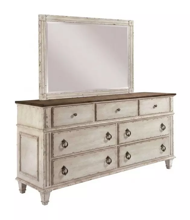 Southbury Parchment and Brown 7 Drawer Dresser with Rectangular Landscape Mirror